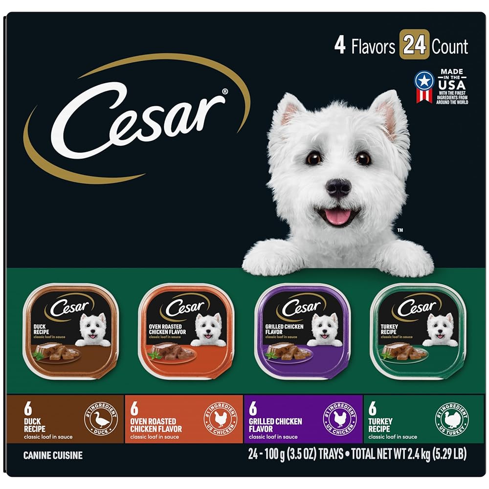 Cesar Basic Loaf in Sauce Grownup Moist Canine Meals Selection Pack – Poultry Choice, Straightforward Peel Trays with Actual Hen, Turkey, or Duck, 3.5 Ounce (24 Rely)